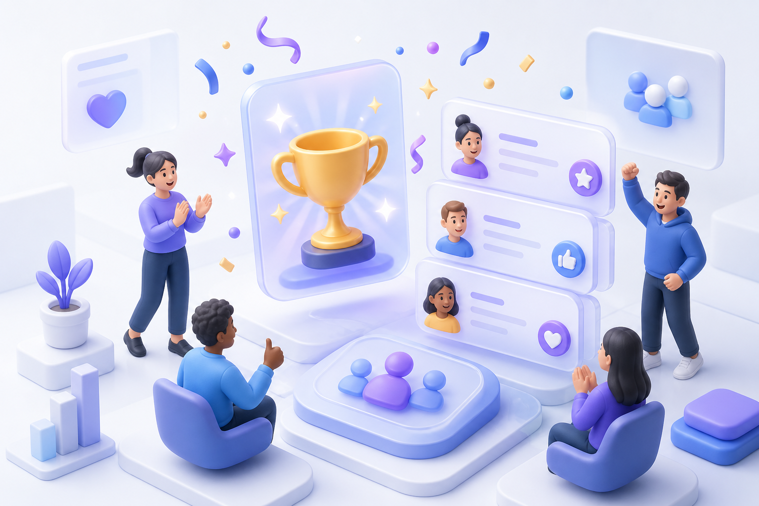 3D illustration of recognition cards, trophies, and celebration shapes
